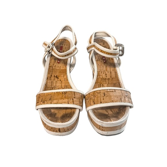 Prada Cork White Leather Platform Wedge Sandals - Picture 4 of 7